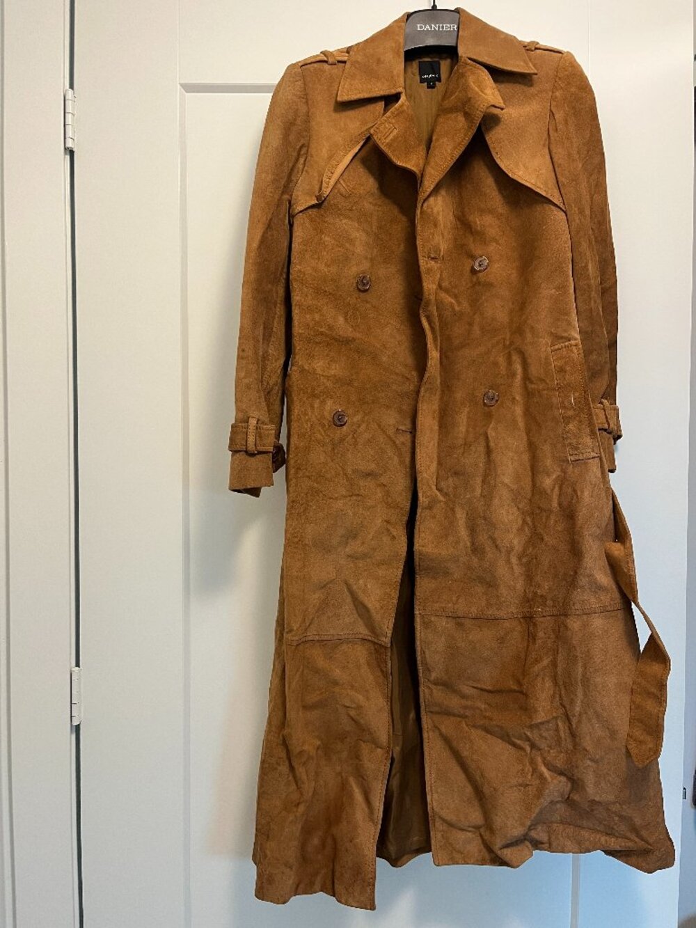 Vintage Women's Genuine Suede Long Belted Leather Jacket in Camel